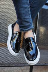 Marsetti Herren Schwarz Lackleder Slip-On Dicke Sohle Freizeitschuhe 2