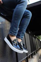 Marsetti Herren Schwarz Lackleder Slip-On Dicke Sohle Freizeitschuhe 3
