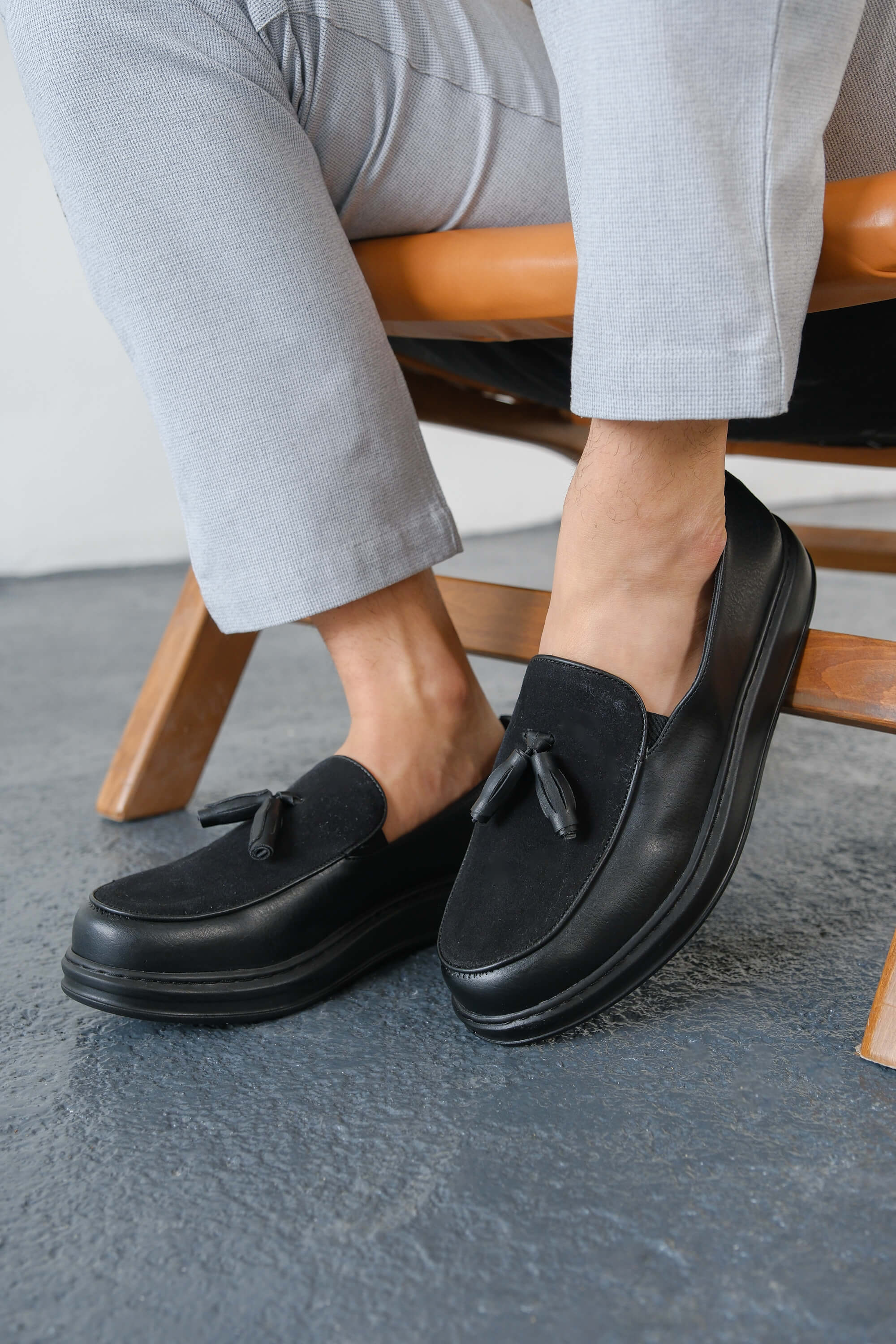 Marsetti Erkek Siyah Bağcıksız Günlük Kalın Taban Ortopedik Loafer Ayakkabı