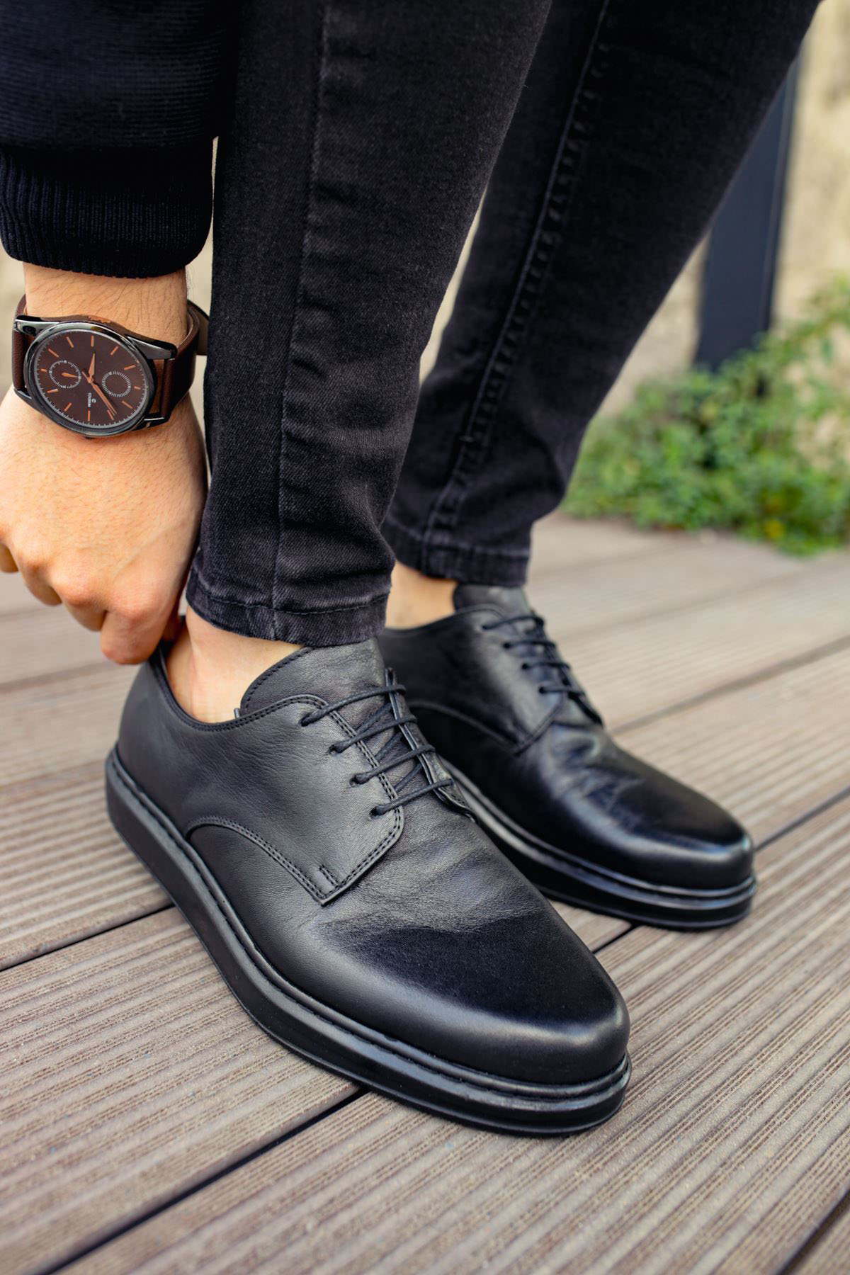 Marsetti Herren Schwarz Echtes Leder Dicke Sohle Schnür Orthopädische Schuhe