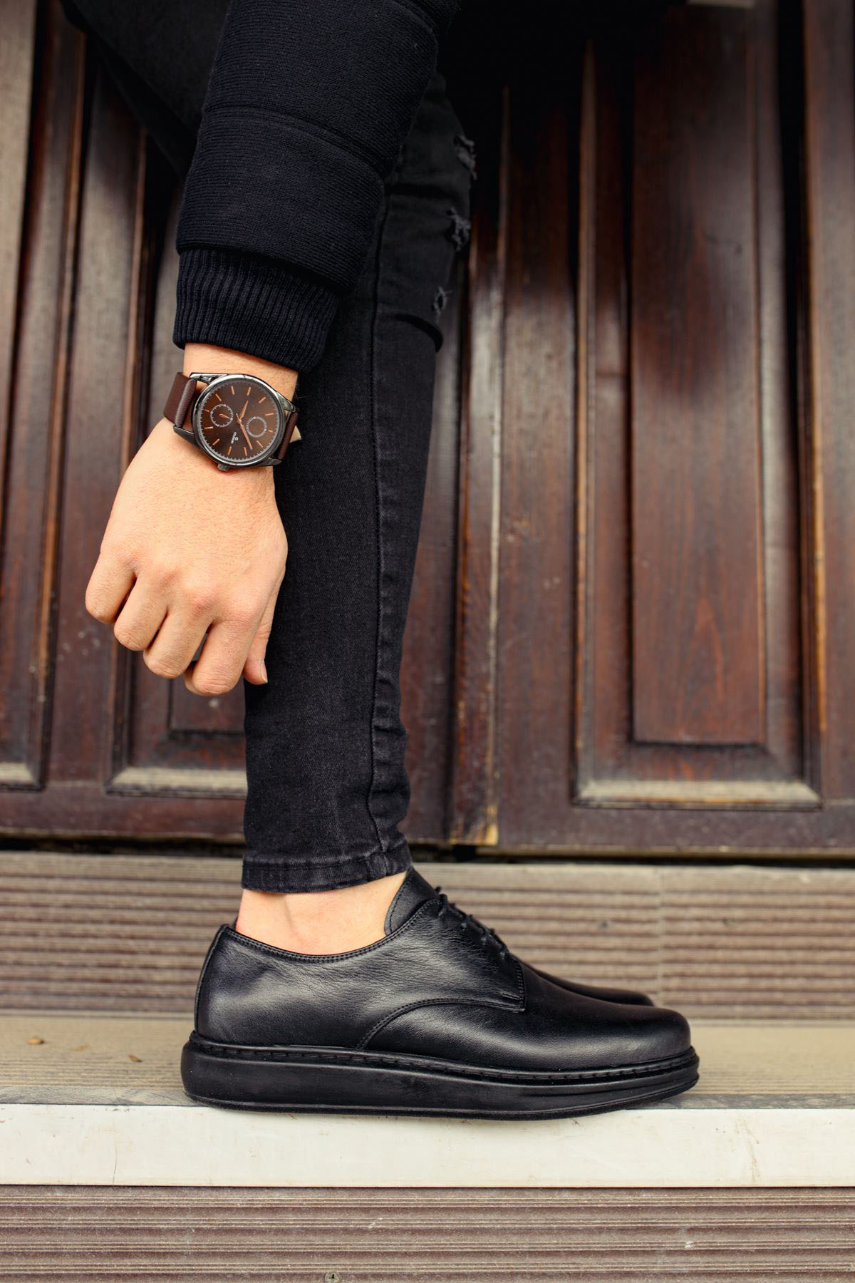 Marsetti Herren Schwarz Echtes Leder Dicke Sohle Schnür Orthopädische Schuhe