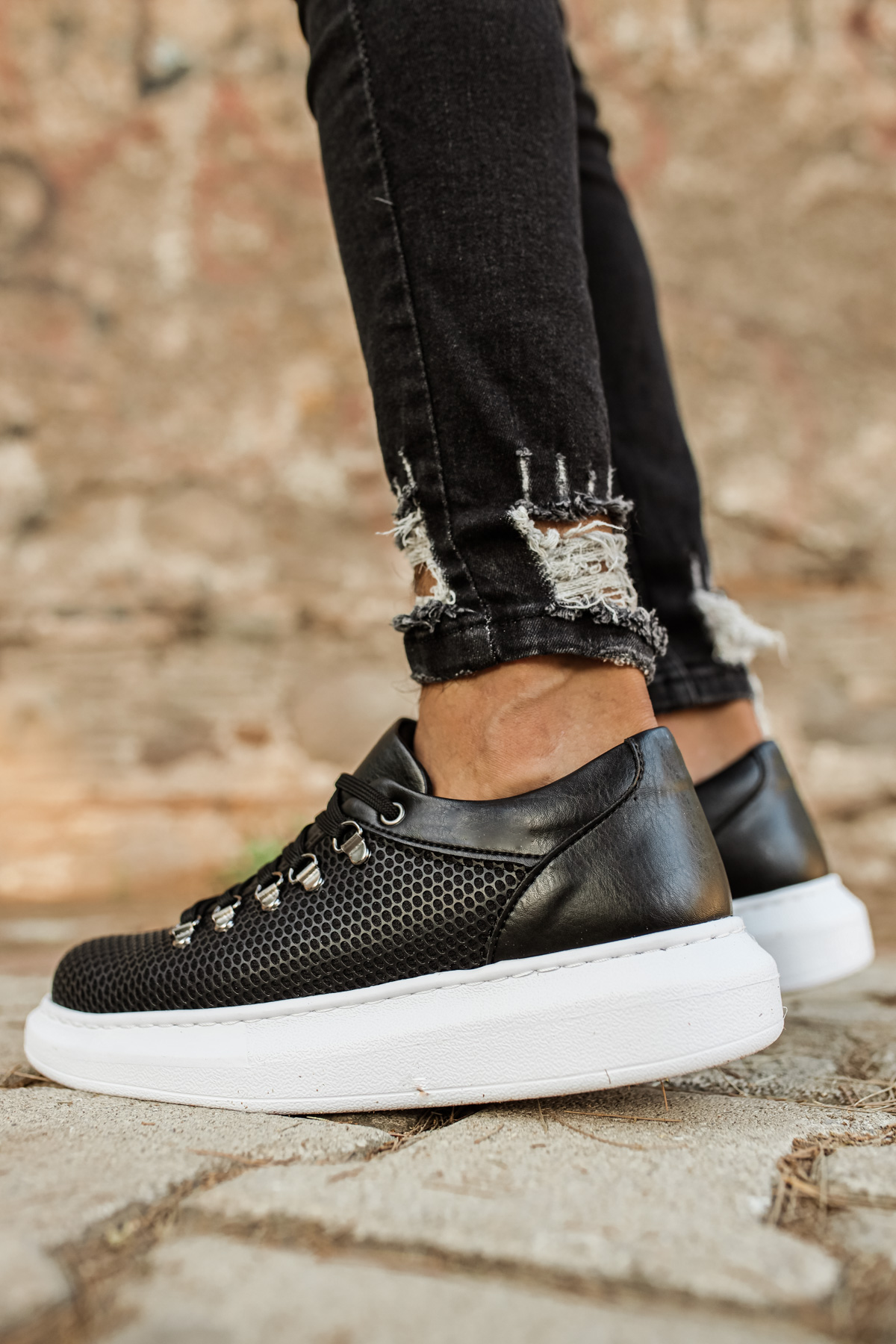 Marsetti Herren Schwarz Casual Dicke Sohle Schnür Schuhe
