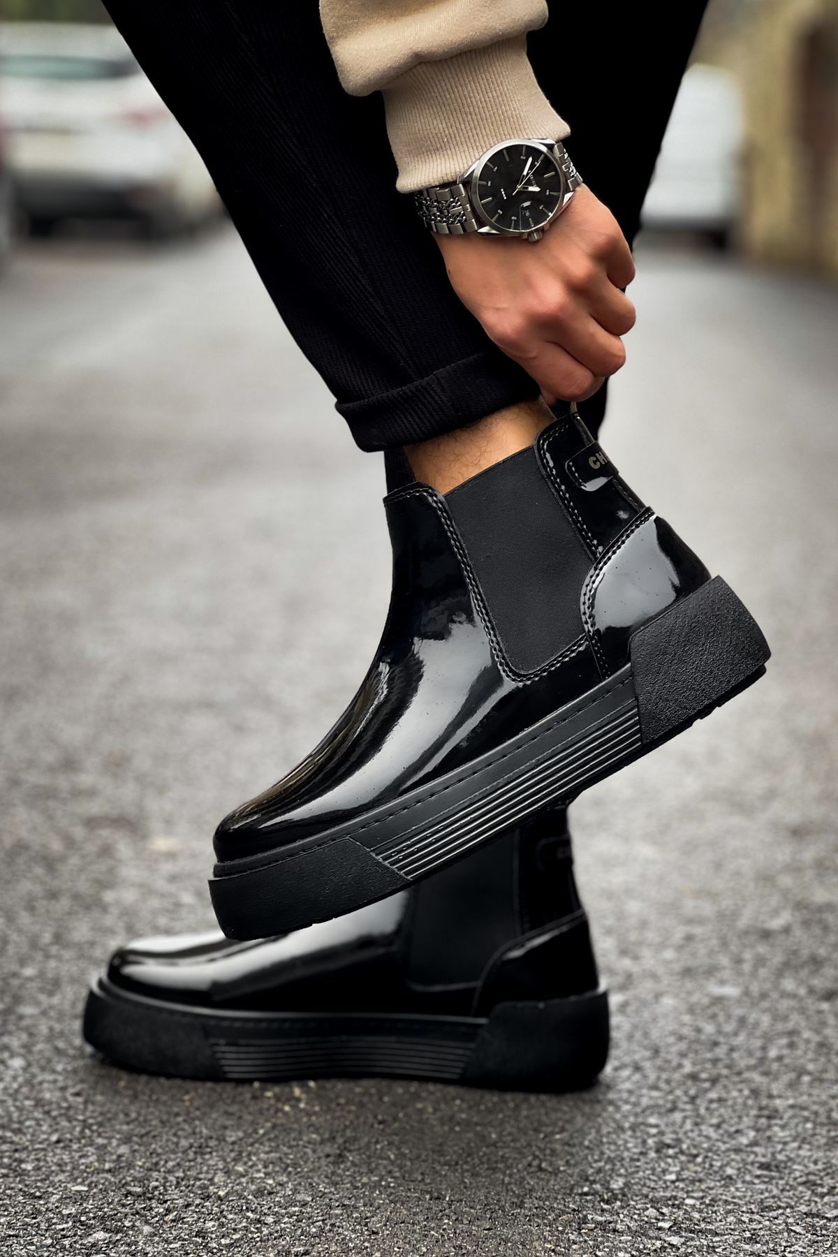 Marsetti Herren Schwarze Lackleder Chunky Sohle Elastische Chelsea Boots