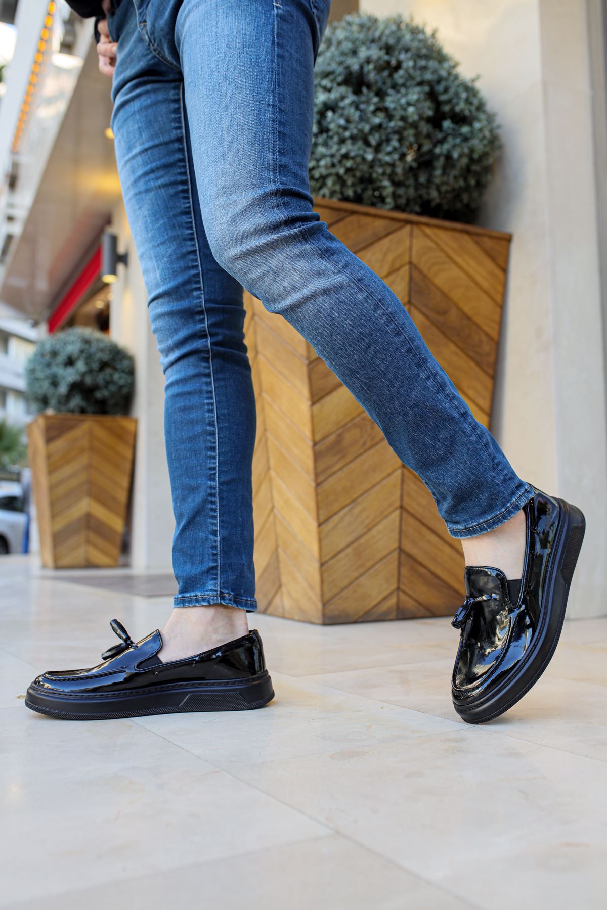 Marsetti Herren Schwarz Lackleder Dicke Sohle Slip-On Freizeitschuhe