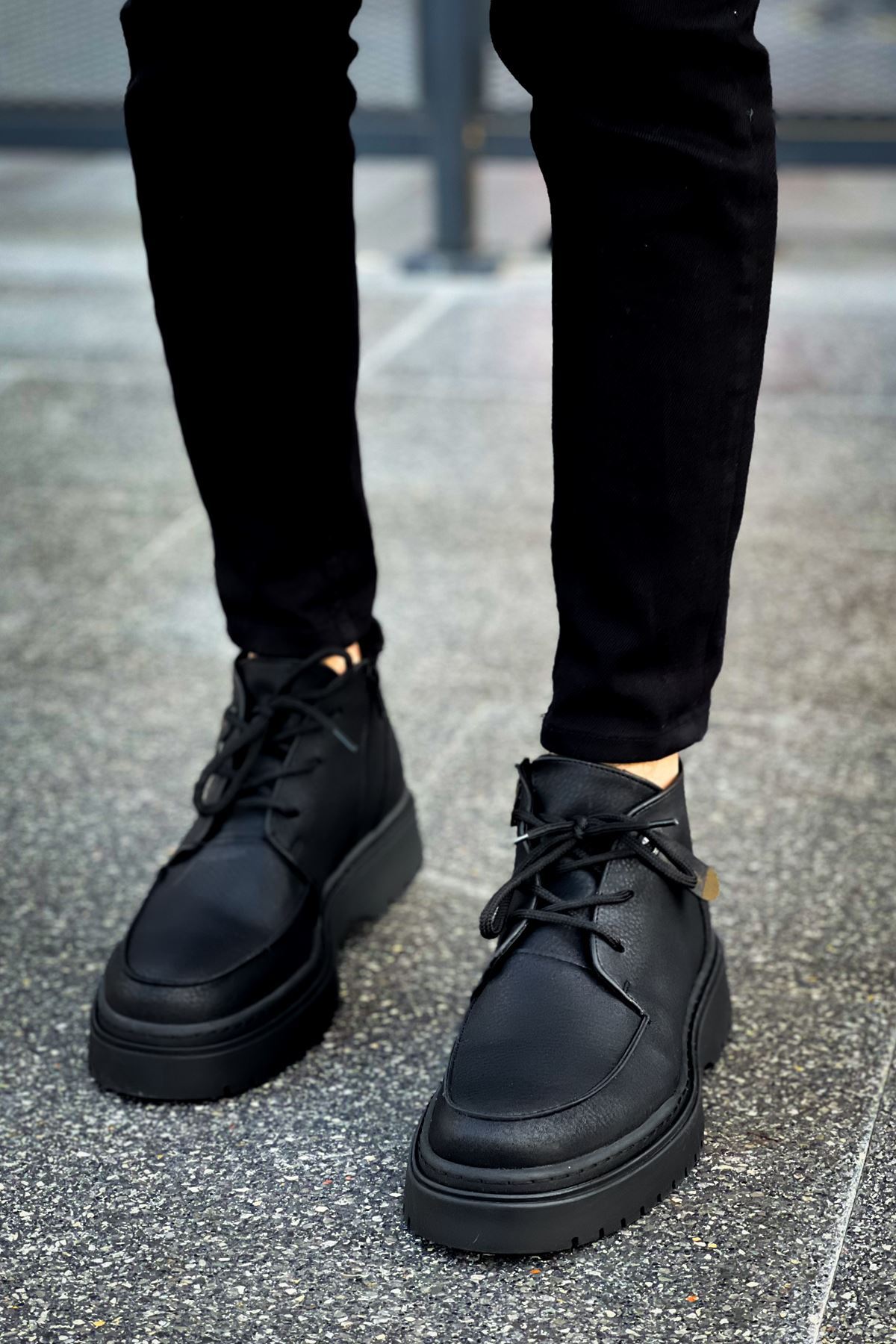 Marsetti Herren Schwarze Boots mit Dicker Sohle Schnürschuhe Orthopädisch