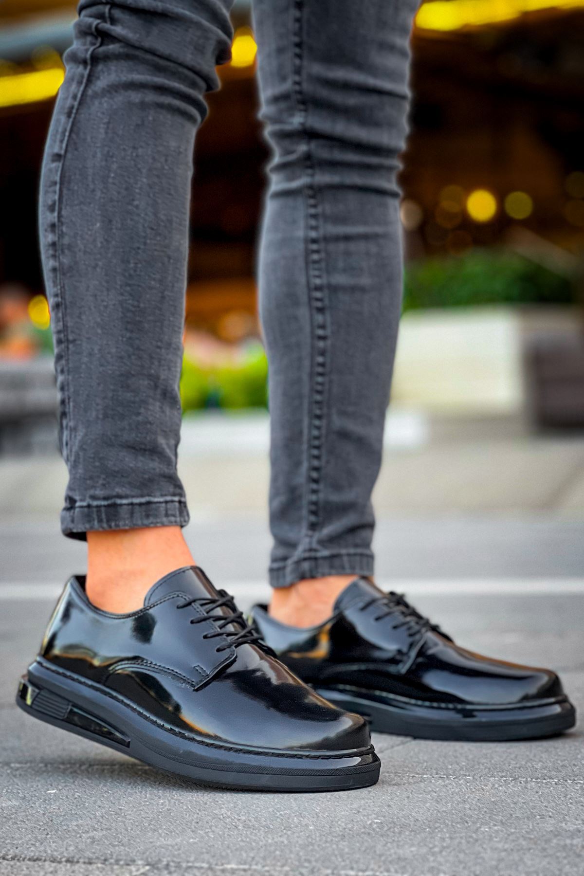 Marsetti Herren Schwarz Lackleder Dicke Sohle Freizeitschuhe