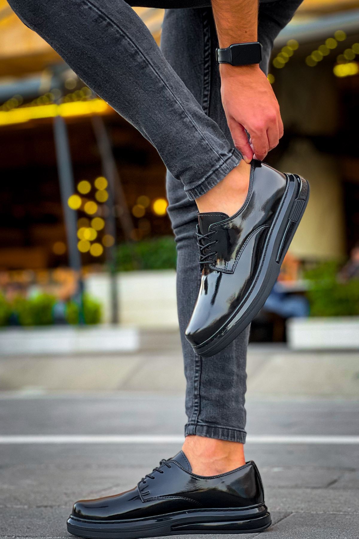Marsetti Herren Schwarz Lackleder Dicke Sohle Freizeitschuhe