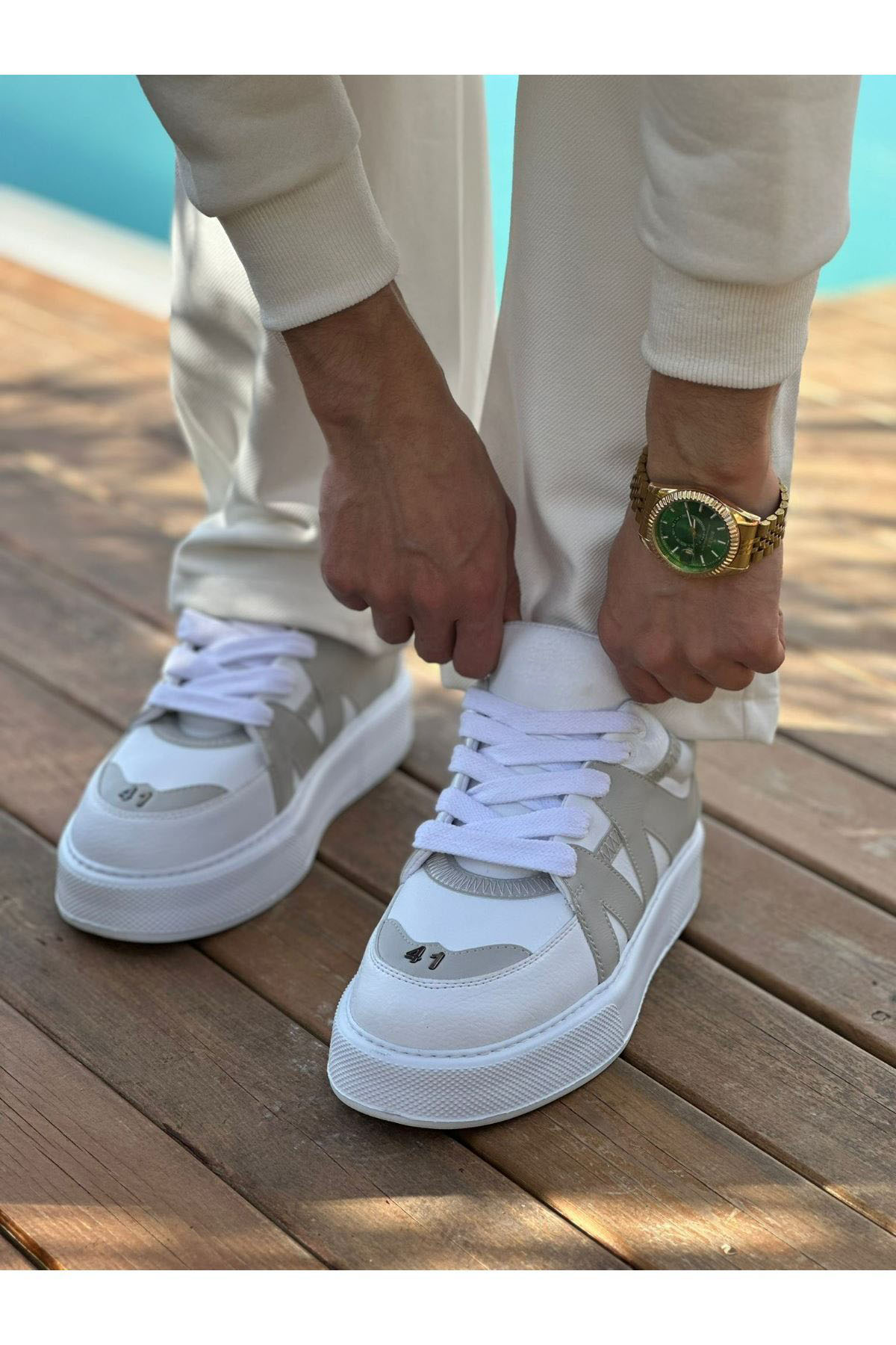 Marsetti Herren Weiß Beige Freizeitschuhe Dicke Sohle Orthopädisch Schnür