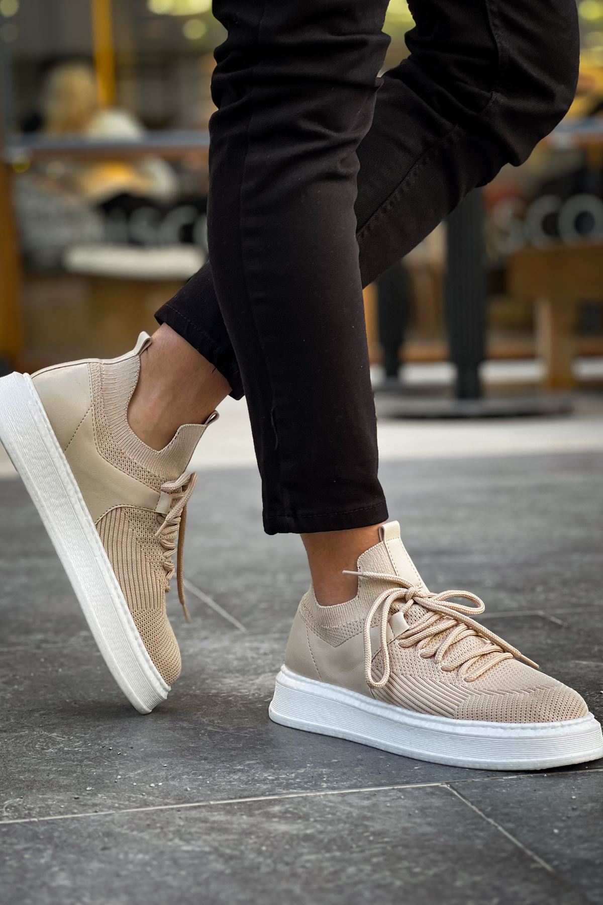 Marsetti Herren Beige Textil Casual Dicksohle Schnür Orthopädische Schuhe