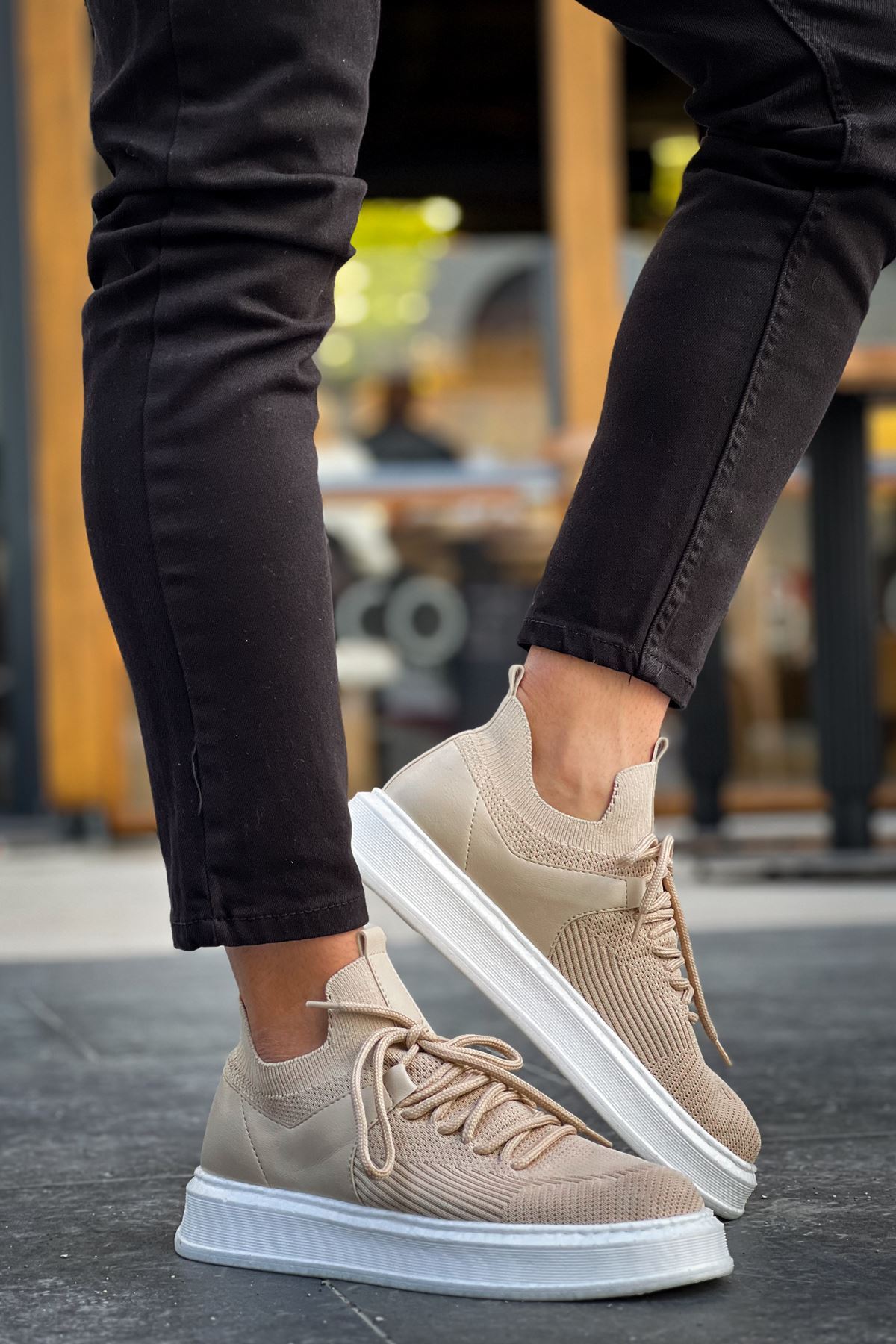 Marsetti Herren Beige Textil Casual Dicksohle Schnür Orthopädische Schuhe