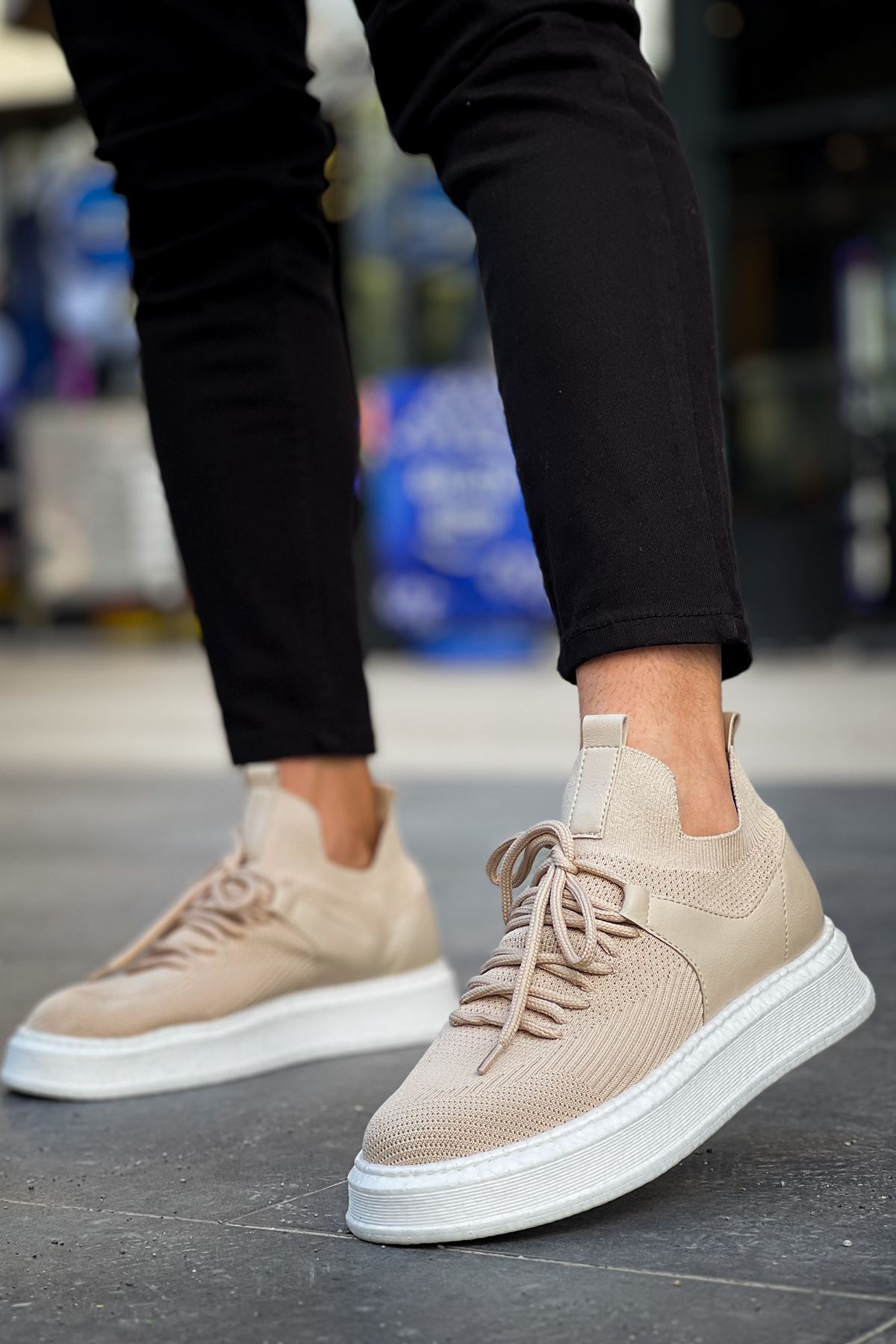 Marsetti Herren Beige Textil Casual Dicksohle Schnür Orthopädische Schuhe