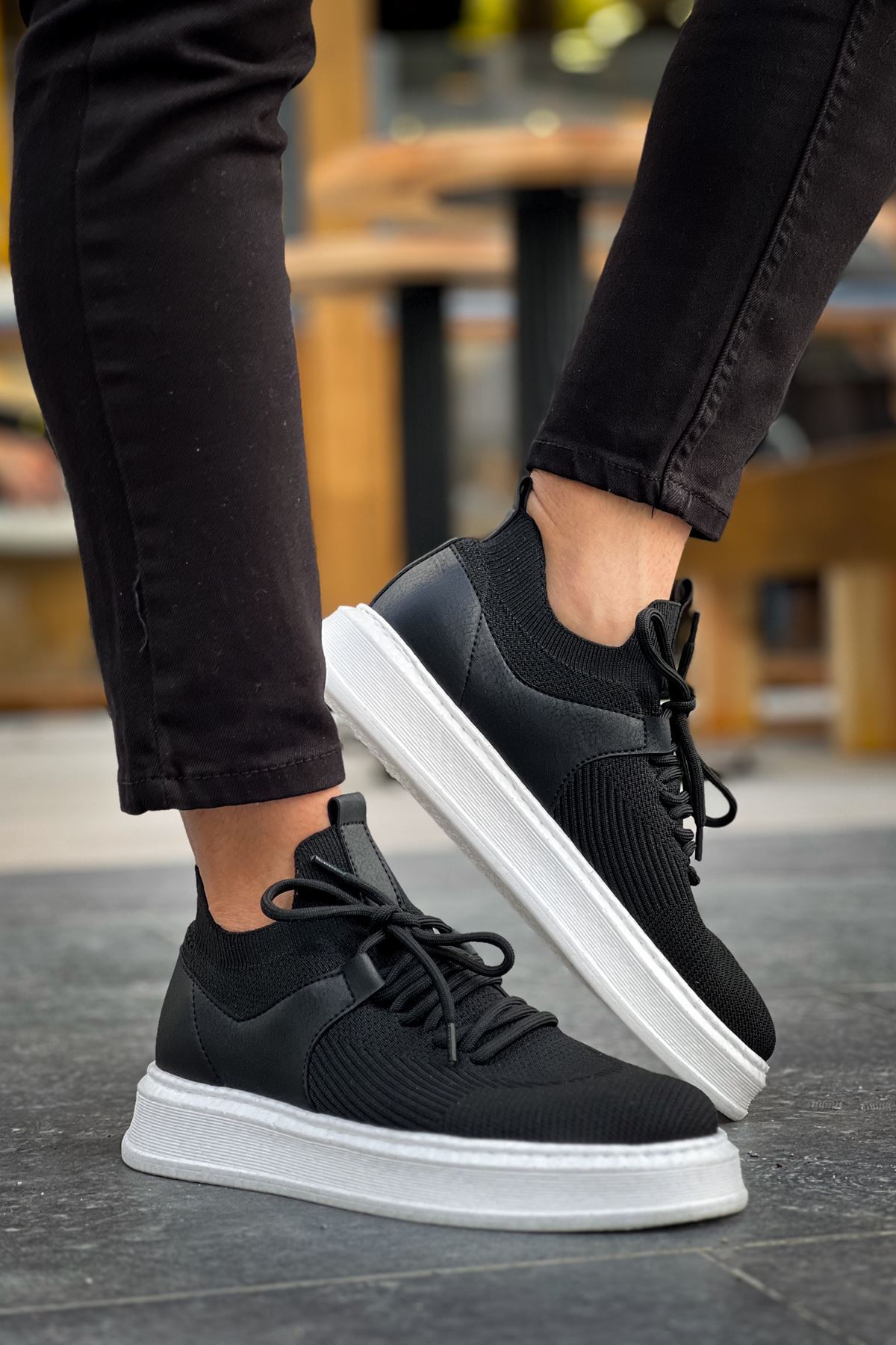Marsetti Herren Schwarz Casual Dicke Sohle Schnür Sportschuhe