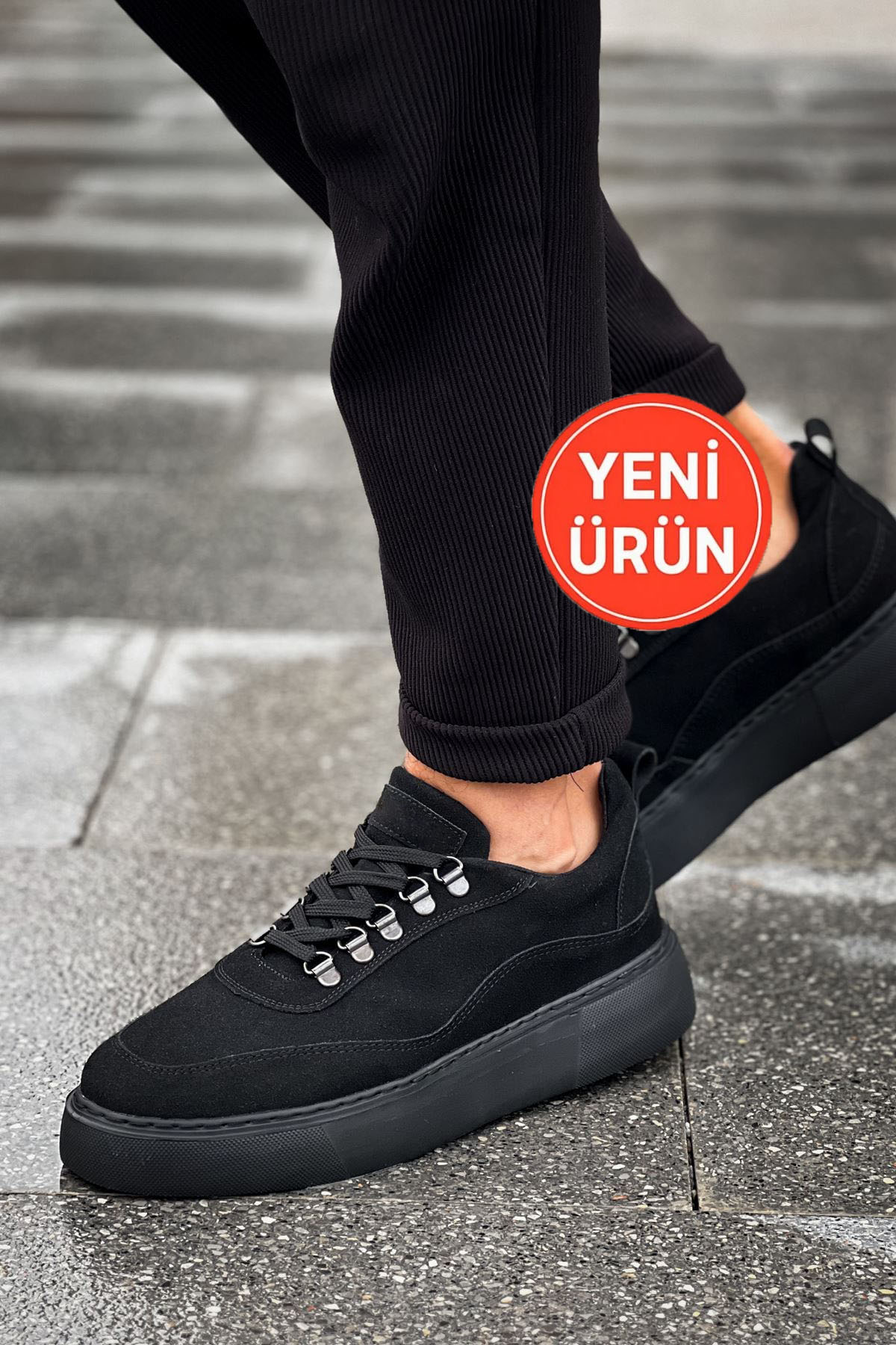 Marsetti Erkek Siyah Nubuk Günlük Kalın Taban Ortopedik Bağcıklı Ayakkabı