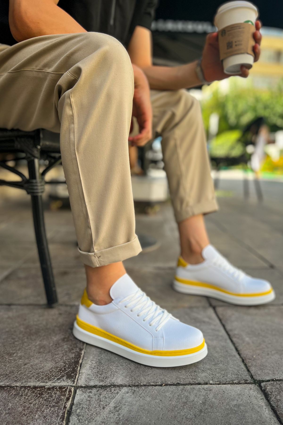 Marsetti Herren Weiß Gelb Freizeitschuhe Dicke Sohle Orthopädisch Schnürung