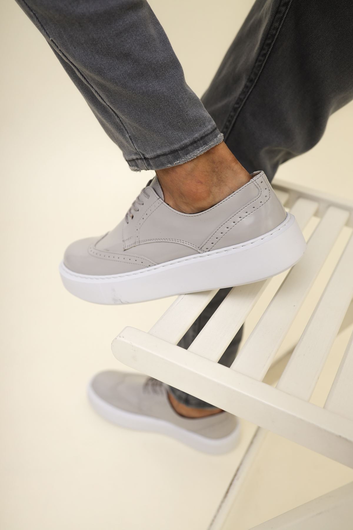 Marsetti Herren Grau Lackleder Casual Dicksohle Orthopädische Schnürschuhe