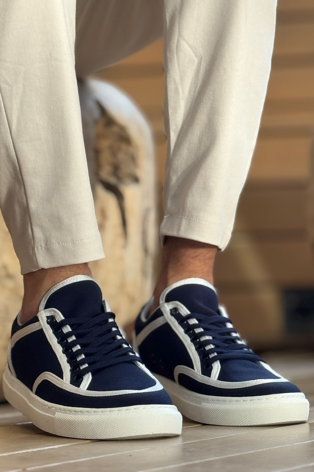 Marsetti Herren Weiß Navy Textil Freizeit Dicke Sohle Schuhe