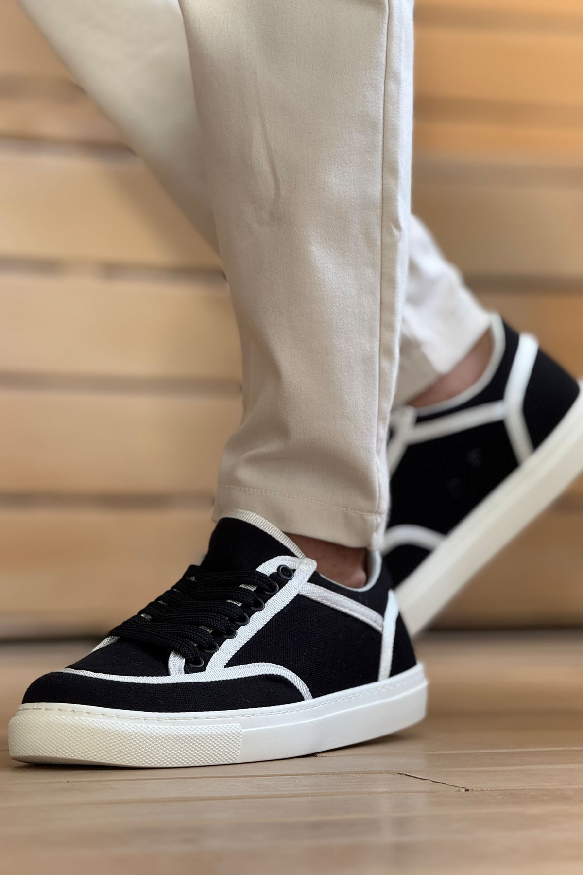Marsetti Herren Schwarz Weiß Textil Dicke Sohle Freizeitschuhe
