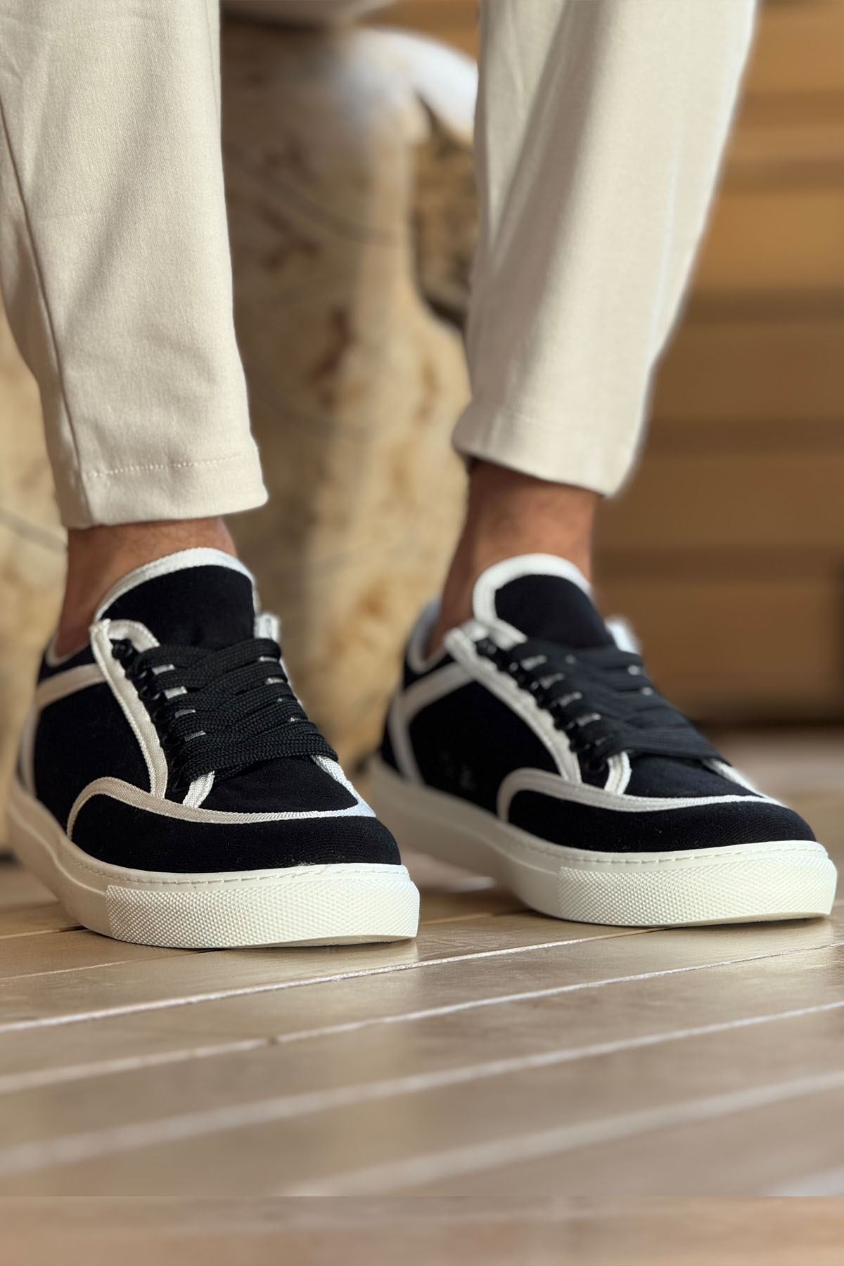 Marsetti Herren Schwarz Weiß Textil Dicke Sohle Freizeitschuhe