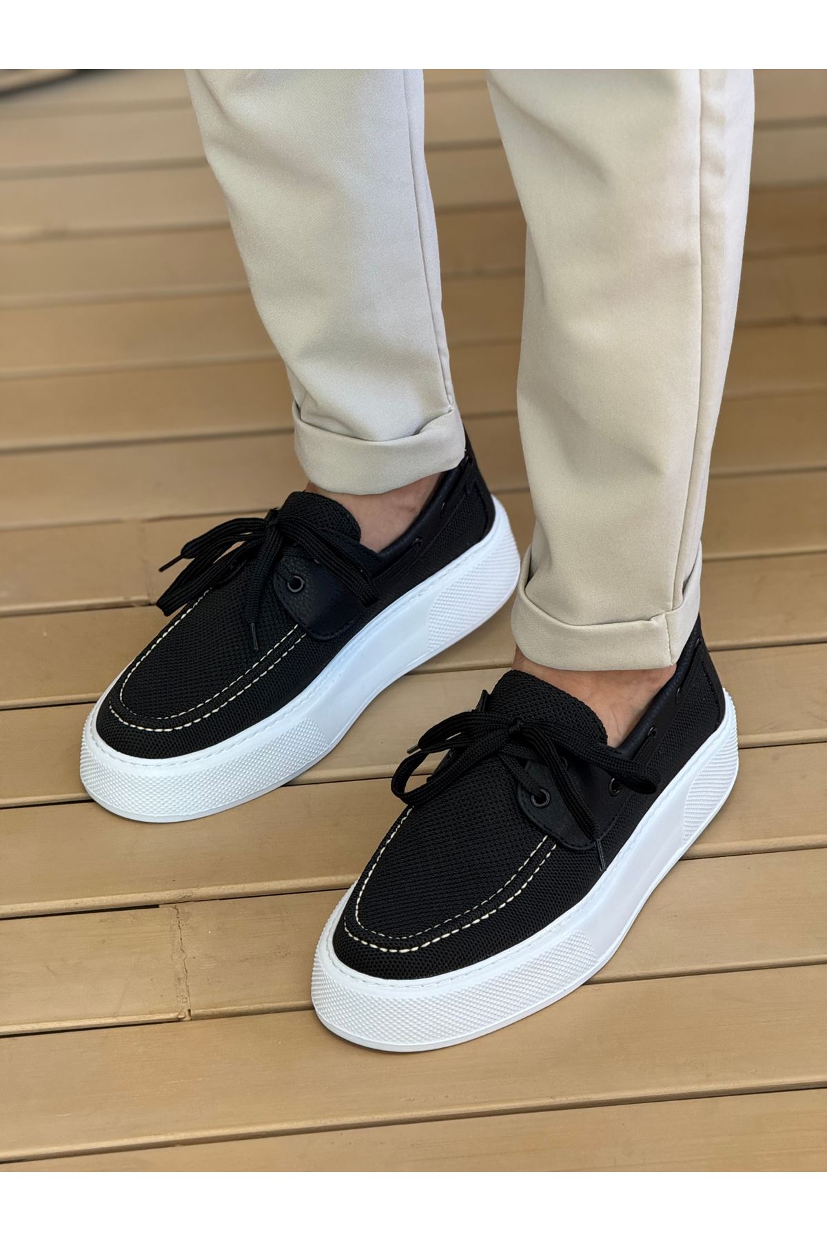 Marsetti Herren Schwarz Textil Schnür Dicksohle Freizeitschuhe