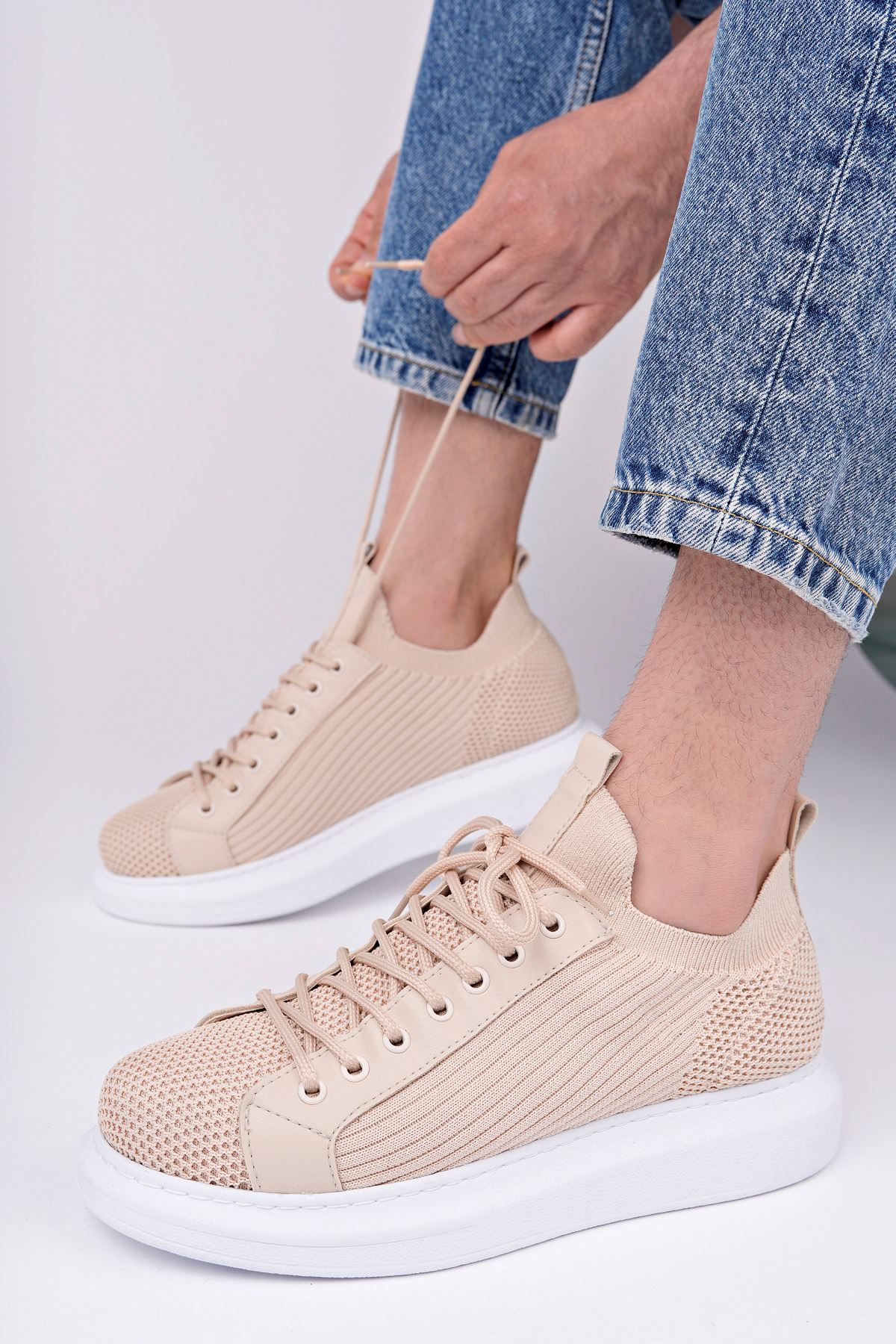 Marsetti Herren Beige Textil Casual Schnür Dicke Sohle Orthopädische Schuhe